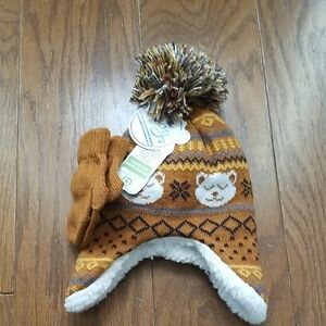 NEW! Cute Bear Patterned Knit Hat with Sherpa lining & mittens Infant NWT